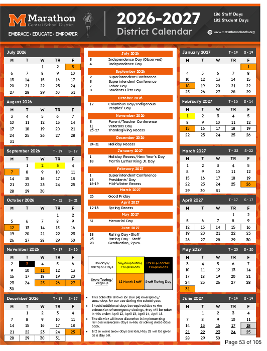 UPDATED: Marathon CSD Releases 2026-2027 School Calendar
